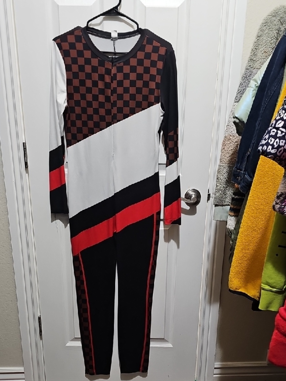 Colorblock Checker Long-Sleeve Jumpsuit in Black, White & Red